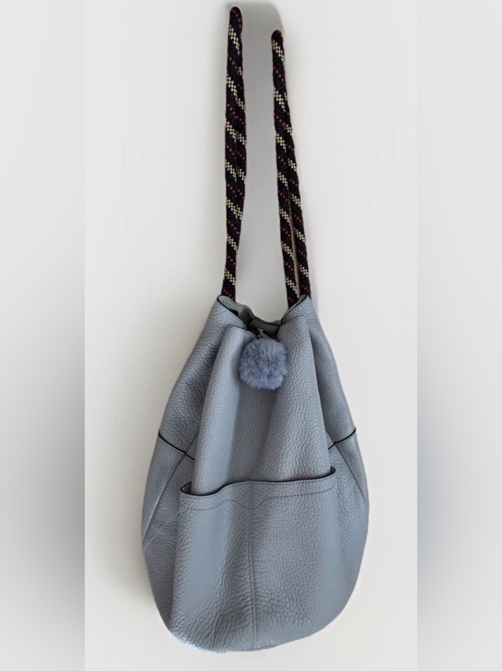 Rebecca Minkoff Leather Bucket Backpack Black Pebbled Leather Drawstring Bag Pom